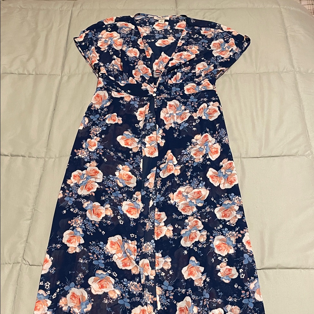 Cozy Casual Blue And Pink Sheer Floral Swim Cover-Up